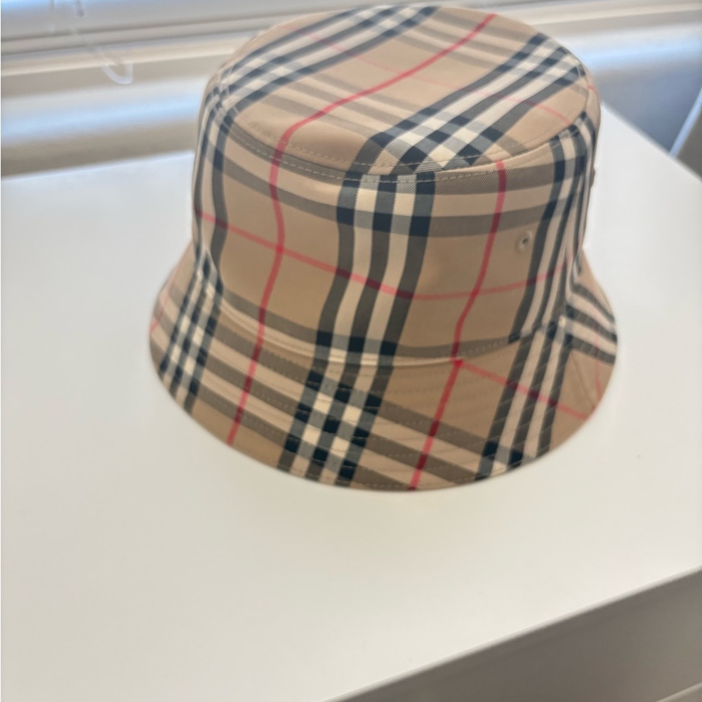 Burberry Classic Beige Plaid Bucket Hat with Black and Red Trim